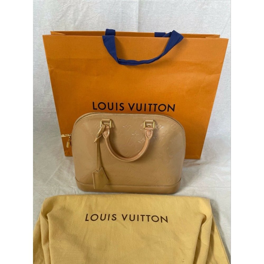 Authentic Louis Vuitton Beige Florentine Monogram Vernis Alma GM Bag Zip